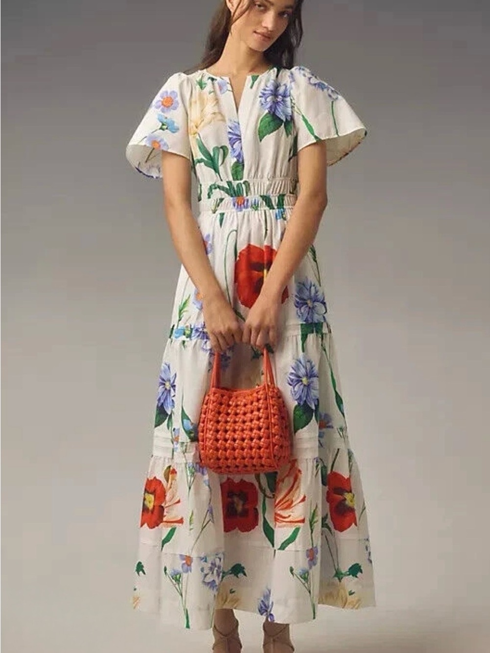 ANTHROPOLOGIE Somerset Floral White Maxi Dress with Red & Blue Blooms